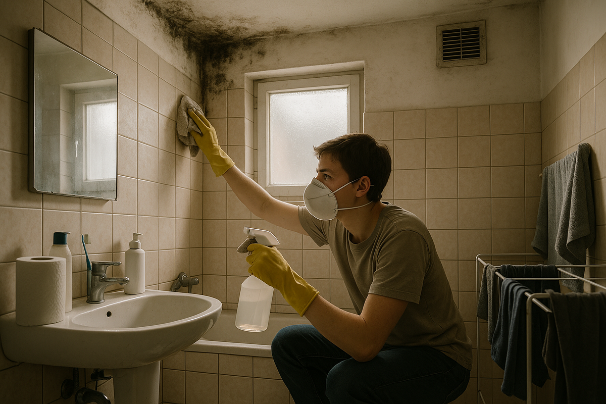 Image montrant des murs avec des moisissures et un texte sur qui paie quoi et comment s’en débarrasser vite